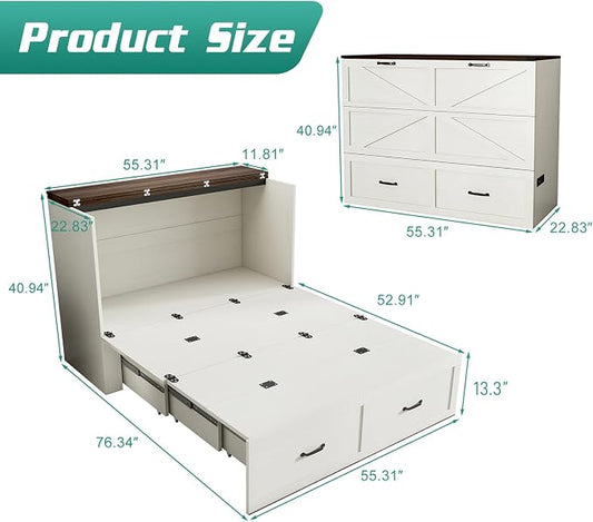Hlivelood Full Size Murphy Chest Bed with Drawer and Charging Station, Farmhouse Wood Space-Saving Hidden Folding Beds Chest, Multifunctional Storage Cabinet Bed for Bedroom, Office, Rustic White