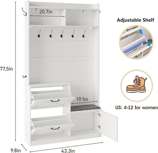 Maupvit Narrow Hall Tree with Shoes Storage, Entryway Bench with Coat Rack and Led Lights, 78" Tall Hall Tree with 9 Coat Hooks, 2 Shoe Storage Cubbies & Umbrella Hooks for Mudroom, Hallway