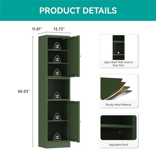 67" Tall Narrow Storage Cabinet with Doors and Open Shelf,Metal Pantry Cabinet,Shaker Style Slim Cabinet with Adjustable Shelves,for Bathroom Kitchen Laundry Small Spaces,Forest Green,1Pc