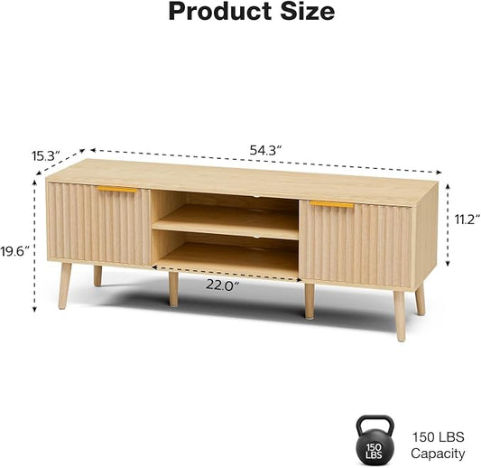 LCRBOL TV Stand with Fluted Doors for TVs up to 65", Modern, Natural | 54.3"W x 15.3"D x 19.6"H, 150 lbs capacity, 2 fluted door cabinets & 2 adjustable shelves, cable holes, 5 tapered legs.