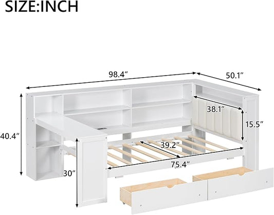 Bellemave Twin Corner Bed with Storage Shelves and Desk, Upholstered Headboard Daybed with Bookcase and Drawers,Daybed with Storage, White+Beige Cushion