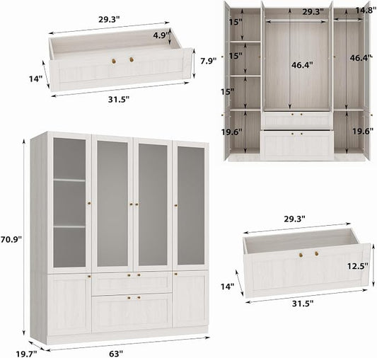 MOUMON Bedroom Armoires with Frosted Glass Doors and Hanging Rod, Wide Modern Wardrobe with Drawers, Large Armoire Wardrobe Closet, Wood Grain 63" W x 19.7" D x 70.9" H
