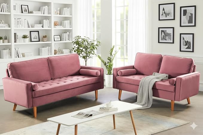 Container Furniture Direct Womble 58 Inch Velvet Loveseat Sofa with Elegant Button Tufted Upholstery, Square Arms, Splayed Wood Legs, Includes Matching Bolster Pillows, Rose