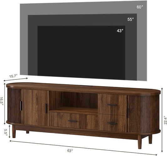 Haewon 63" Mid Century Modern TV Stand for TVs up to 75 Inch, Wood Entertainment Center with LED Lights and Power Outlet, Modern TV Console with Fluted Sliding Doors for Living Room, Walnut