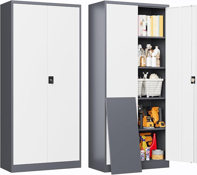 Metal Tool Storage Cabinet,Lockable File Cabinet with 2 Doors and 5 Adjustbale Shelves,Tall Cabinets for Garage Storage Systems for Home Office,Garage,Workshop