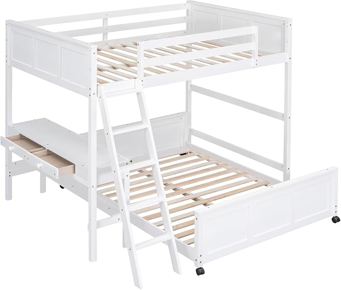 Ball & Cast Full Over Full Bunk Bed with Safty Guardrail & Stairway,Heavy Duty Wood Loft Bedframe W/Desk & Drawers,Easy Assembly,Versatile Functional Bedroom Furniture Set for Boy Girl Teens,White
