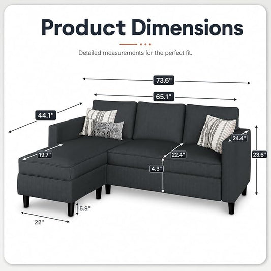 73.6" Convertible Sectional Sofa Couch with Reversible Ottoman, Modern 3-Seater L-Shaped Couch for Small Spaces, Compact Fabric Sofa for Apartment, Living Room & Office, Easy Assembly (Gray)