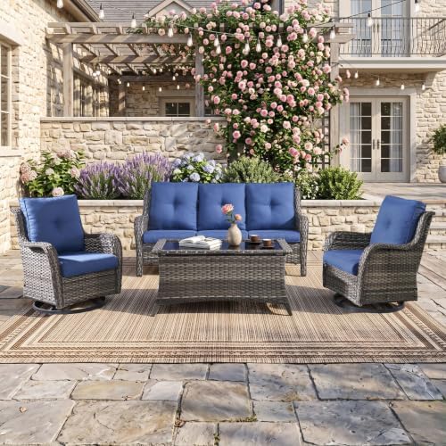 Rilyson Outdoor Patio Wicker Sofa, 900Lbs Weight Capacity Large 3 Seater Wicker Patio Couch with 4in Seat Cushions and Deep Seating, All Weather for Backyard, Garden, Poolside (Mixed Grey/Blue)