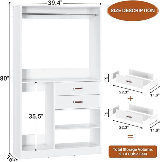 Armocity Freestanding Closet System with Suitcase Storage, 40 Inches Stand-Alone Wardrobe with 2 Wood Drawers, 80'' Height Adjustable Cloth Garment Rack, Walk-in Closet with Hanging Rod, White