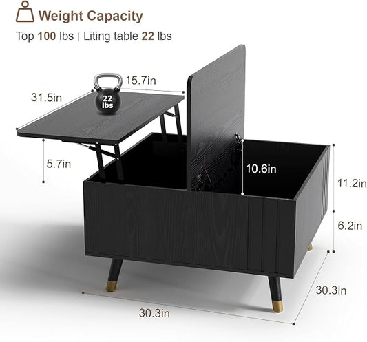 JOINICE 32" Square Lift Top Coffee Table with Storage, Modern Black Center Table for Living Room, Minimalist Wood Cocktail Table with Rising Desktop, Home Office