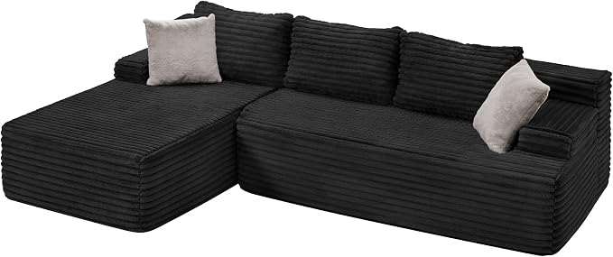 Hobestluk Boneless Couch Modular Sectional Sofa L-Shape Cloud Couch Lounge | 96" Left Facing Chaise Black,Memory Foam,Removable Cover,Non-slip Bottom,No Assemble Required,Furniture for Small Home