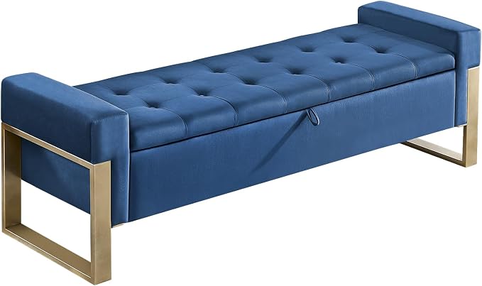 67'' End of Bed Storage Bench King Size, Storage Ottoman Bench for Bedroom, Modern Velvet Bed Benches for Foot of Beds with Gold Legs for Window Living Room Entryway, Dark Blue