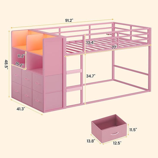 BTHFST Bunk Bed Twin Over Twin with 6 Large Fabric Drawers & 4 Storage Bookshelf, Metal Low Bunk Bed for Kids with LED Lights & Ladder and Guardrail, Space Saving, for Girls, Pink