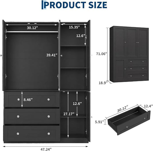 Garvee 71" Storage Cabinet Closet with 3 Drawers, Large Modern Storage Cabinet, 4 Door Wooden Bedroom Cabinet with Shelves, Black