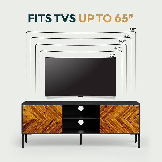 Bme Vivian TV Stand, 59 Inch Media Console Table with Herringbone Pattern Doors, Solid Wood & Metal Frame, Rustic Golden Brown – Retro-Inspired Modern TV Console for Living Room, Entertainment Center