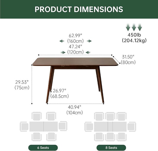 47’’-63’’ 100% Oak Extendable Dining Table, Solid Wood Folding Kitchen Table, Mid Century Modern Dinner Table for Kitchen, Apartment, Living Room (47''-63'' Walnut)