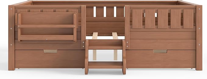 Bellemave Full Size Montessori Bed with Stairs, Safety Guardrails and Slats, Full Size Montessori Bed with Bookshelf and 2 Storage Drawers, Low Profile Beds Frame for Kids, Natural Platform Beds