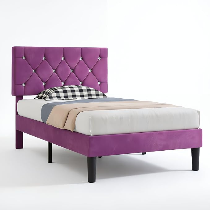 VECELO Twin Size Bed Frame with Diamond Tufted Headboard, Upholstered Platform Bedframe with Wood Slat Support, No Box Spring Needed, Velvet & Purple