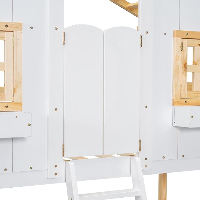 Twin over Twin House Bunk Bed with Roof,Windows,Door,Window Boxes,Safety Guardrails & Ladder,Pine Wood Frame,Low-Height Kids Bunk Beds for Bedrooms,Playful Loft Bed with Easy Assembly, Natural+White