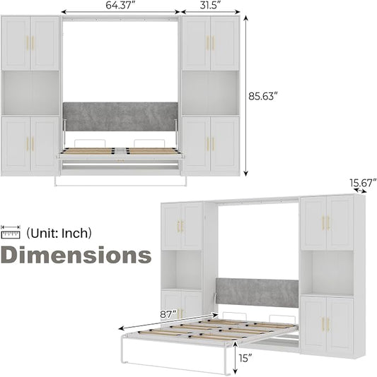 Bobve Farmhouse Murphy Bed Queen, 85" Wall Bed Folds to Save Space, Concealed Bed Frame with 2 Storage Cabinets and Wall Mounted Features for Apartment/Office/Guest Room