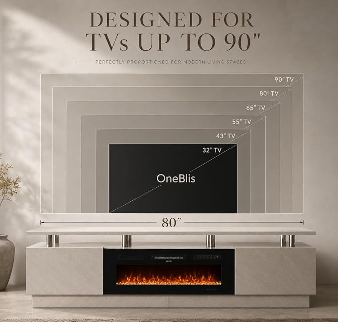 80" TV Stand & Entertainment Center, Media Console with Storage Cabinet, Fits TVs up to 90", Modern Living Room Furniture, 36" Electric Fireplace (Grey+Black)