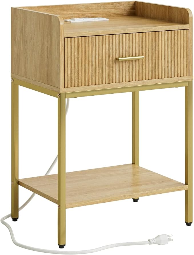 Nightstand with Charging Station, 3-Tier Bed Side Table, Small End Table, Night Standwith Open Shelf and Drawer, Bedside Table for Bedroom, Living Room, Oak