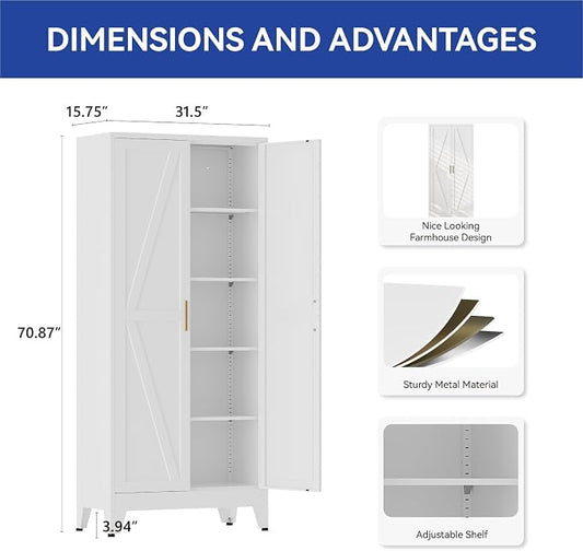 COFaR Metal Pantry Cabinet with Doors, Farmhouse 71'' Tall Storage Cabinet with 4 Adjustable Shelves, Kitchen Pantry Cabinet for Dinning Room, Laundry, Bathroom, Garage, White 5-Tier