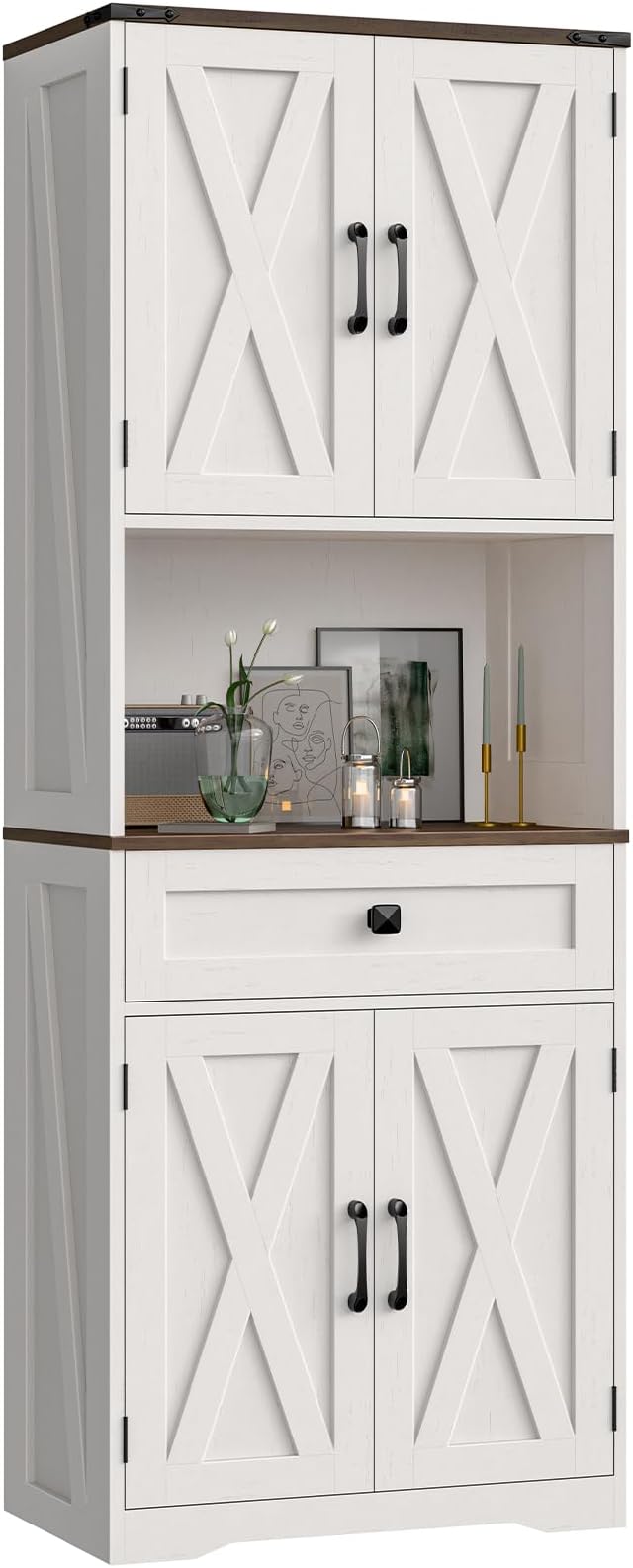 Halitaa Tall Kitchen Pantry Storage Cabinet, Farmhouse Storage with Organizer, Large Capacity Bathroom Cabinet with Drawer,Freestanding Cupboard for Kitchen, Dining Room, White