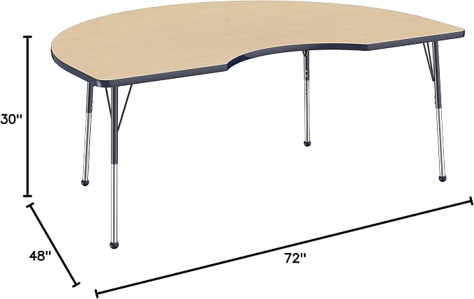 FDP Kidney Activity School and Office Table (48 x 72 inch), Standard Legs with Ball Glides for Collaborative Seating Environments, Adjustable Height 19-30 inches - Maple Top and Navy Edge