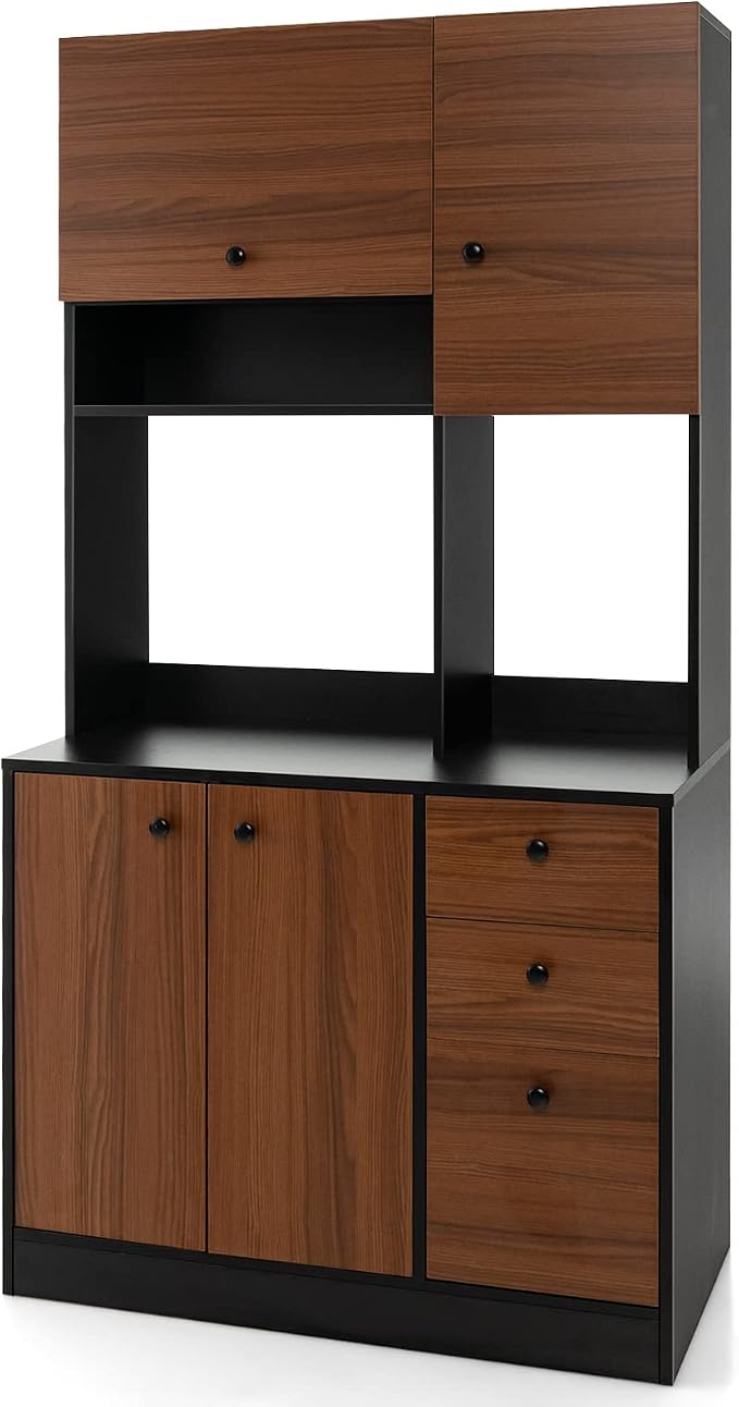 Giantex Kitchen Pantry, Buffet Hutch with 3 Storage Cabinet, 71'' Floor Large Cupboard with 3 Deep Drawers, Wide Countertop, Adjustable Shelves, Tall Sideboard (Walnut)