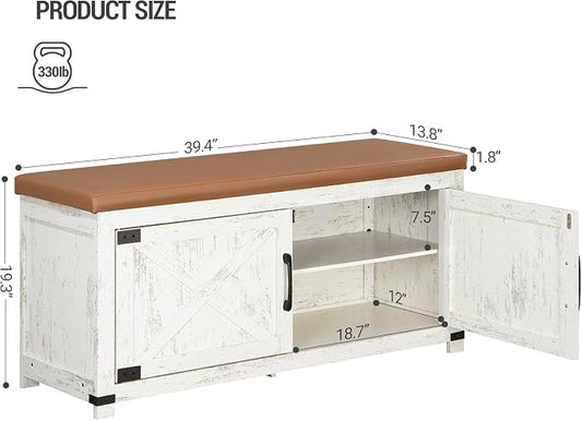 Hzuaneri Shoe Storage Bench, 2 Tier Shoe Bench with Padded Seat Cushion & 2 Barn Doors, Entryway Bench with Adjustable Shelf, Farmhouse Shoe Cabinet for Living Room, Bedroom, Antique White SB26614KA