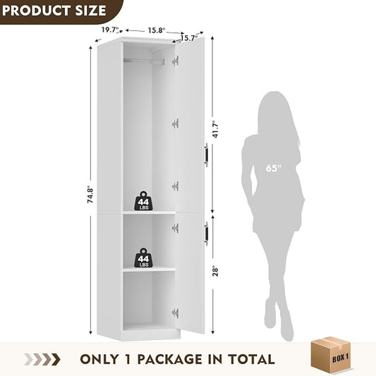MEISSALIVVE Armoire Wardrobe Closet with 2 Door & Shelves, 74.8" Large Wardrobe Cabinet with Hanging Rod, Freestanding Modern Bedroom Armoire Storage Cabinet, White