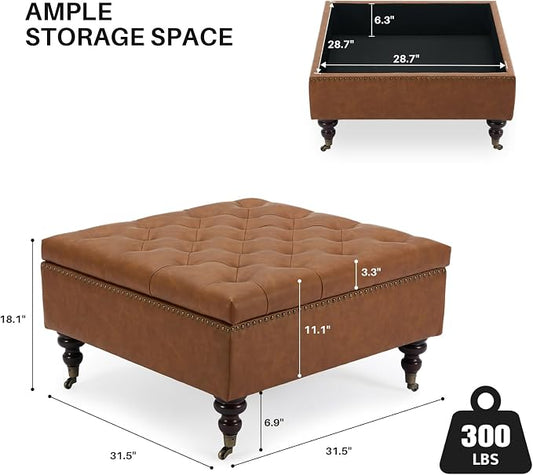 Large Square Storage Ottoman Uphlostered Tufted Button Coffee Table, Oversized Footrest Bench with Castered Rolling Wheels for Living Room, Brown Faux Leather