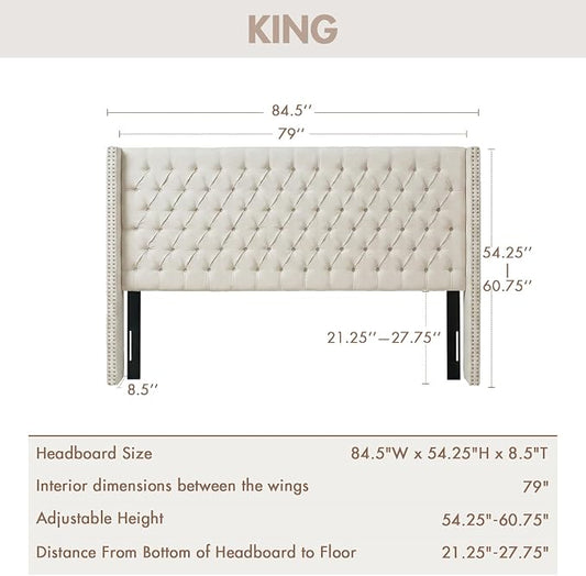 Madison Park Amelia Upholstered Headboard | Nail Head Trim Wingback Button Tufted | King, Cream