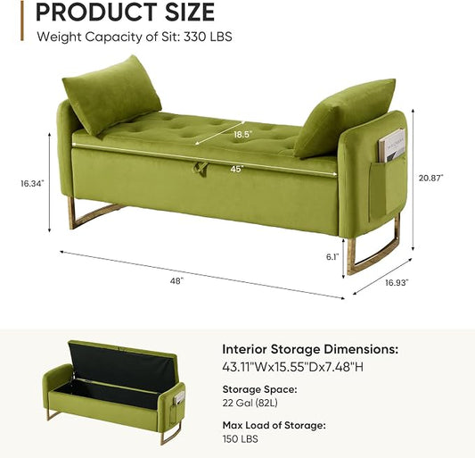 48" End of Bed Bench, Modern Storage Benches with Button-Tufted, Velvet Upholstered Storage Ottoman Bench for Foot of Bed with Arms, Gold Legs Window and Entryway, Olive Green