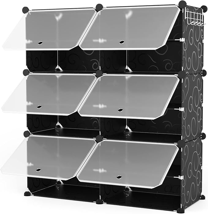 ROJASOP Portable Shoe Rack Organizer 6-Tier Shoe Cabinet 24-Pair Shoe Organizer Shoe Storage Expandable Free Standing Stackable Space Shoe Rack with 2 Exclusive Versatile Hooks for Bedroom Black