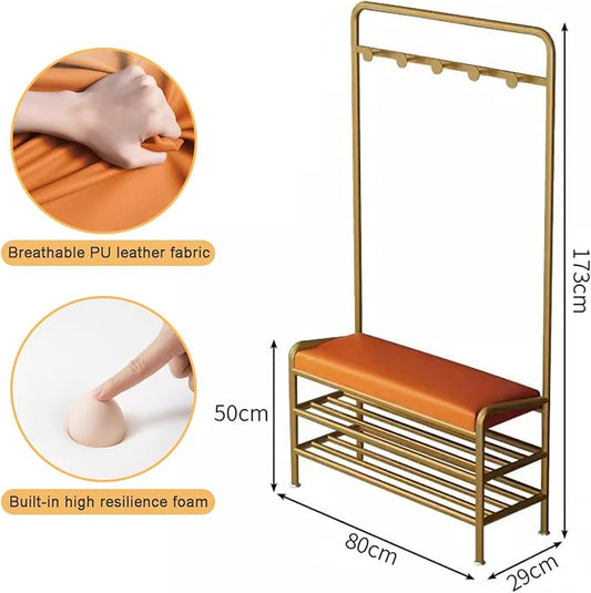 Narrow Hall Tree Storage Bench for Entryway, Coat Rack Shoe Bench Metal, Freestanding Coat Tree with Storage Shelf and Hooks, Entryway Bench with Shoe Storag(Orange-80 x 29 x 173 cm