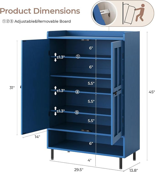 Shoe Storage Cabinet with 2 Doors, 6-Tier Shoe Cabinet with 3 Adjustable Shelves and Metal Legs, 45'' Tall Shoe Rack Organizer Cabinet for Entryway, Front Door, Blue