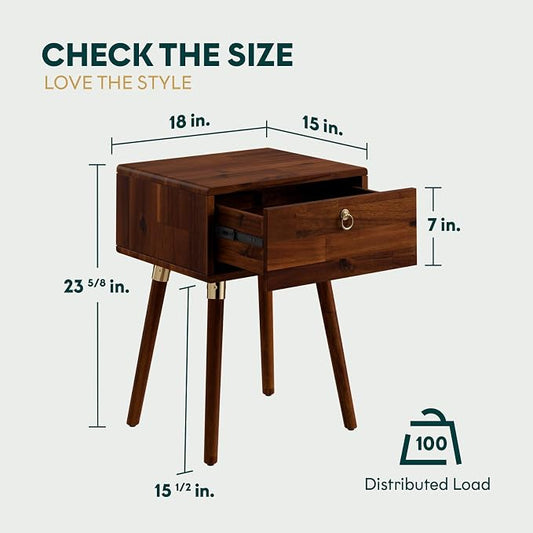 Bme Alden Solid Wood Nightstand/Side Table/End Table, Fully Assembled, with 1-Drawer for Mid Century Bedroom and Living Room, (12mm), Dark Chocolate