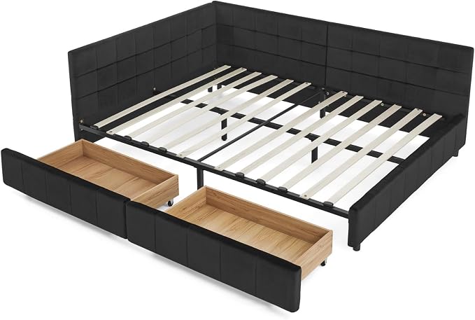 KEIKI Full Size L Shape Corner Bed Frames with 2 Storage Drawer, Backrest and Armrests, Velvet Upholstered Sofa Daybed for Small Room, Living Room, Bedroom, Guest Room, Kids' Room