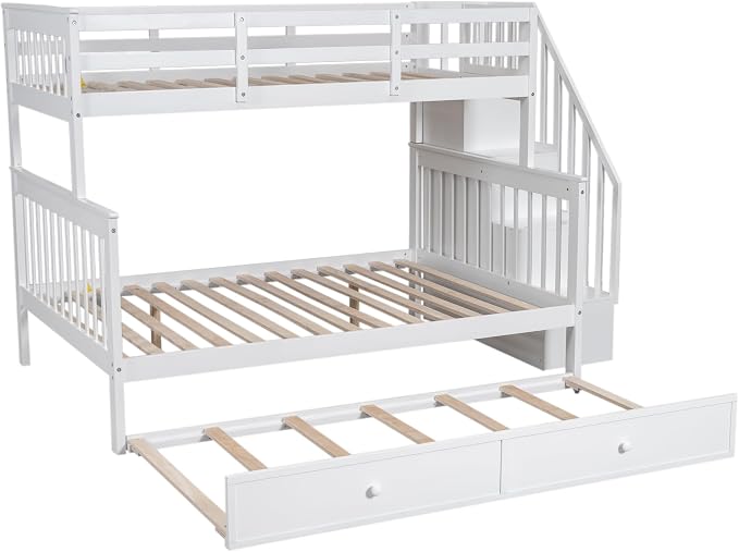 MERITLINE Twin Over Full Bunk Bed with Trundle, Storage Staircase,Solid Wood Bunk Bed with Stairs Box and Guardrail, No Spring Box Needed (White &Trundle,Twin Over Full)