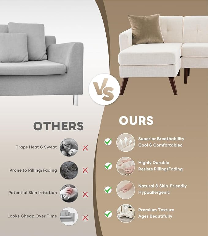 Tbfit L Shaped Couch Sofa, 80" W Mid-Century Modern Sectional Couches, 3 Seater Sofas with Wide Chaise Lounge, Button Tufted Upholstered Sectional Sofa for Living Room, Bedroom, Beige