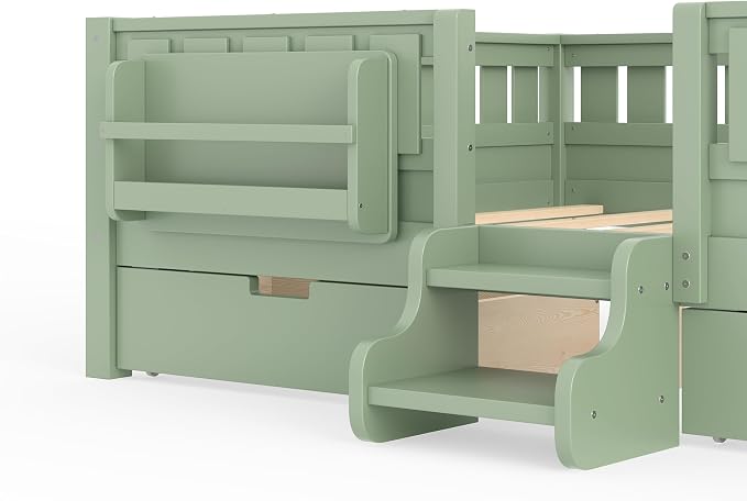 Bellemave Queen Bed with Storage Drawers & Bookshelf, Low Profile Kids Bed Frame with Staircase & Full Length Guardrails, Solid Wood Queen Bed for Kids with Slats Load 550LBS, Easy Assembly, Green
