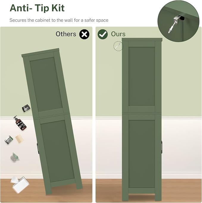 TEENFON Bathroom Cabinet with Adjustable Shelf & 2 Drawers, Farmhouse Storage Cabinet with 2 Doors, Kitchen Storage Cabinets for Living Room, Entryway, Home Office, Forest Green