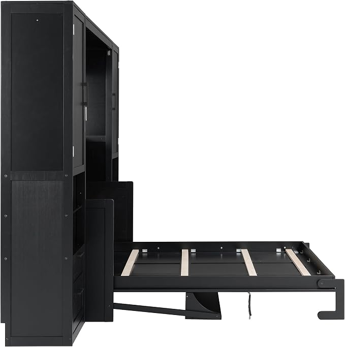 Merax Queen Size Murphy Bed with Desk, Multifunctional Foldable Wall Bed with Closet, Drawers and Shelves, Space-Saving Wood Bed Frame for Small Space Studio Study Office Guest Room, Black(Oak Veneer)