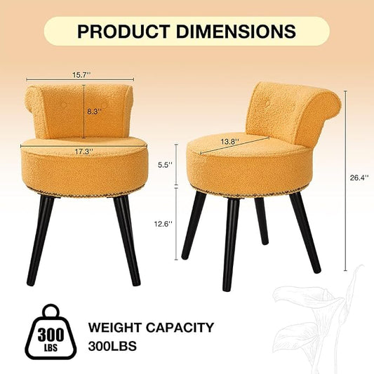 Vanity Chair with Back, Sherpa Stool with Tufted Backrest & Gold Nailhead Trim, Round Vanity Seat for Bedroom and Bathroom Makeup, Support 220lbs, Easy Assembly (Yellow)