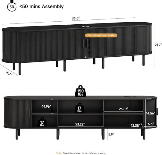 ONBRILL 86.6" TV Stand with Power Outlet for TVs up to 90 Inch, Entertainment Center with Storage and Adjustable Shelves, Modern Media Console with Sliding Doors for Living Room, Black
