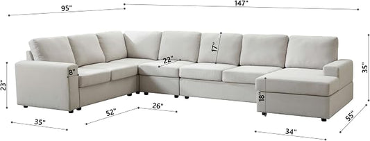 Ball & Cast 147" L-Shaped Sectional Couch for Living Room with Reversible Chaise & Removable Back Cushions,7 Seat Linen Upholstered Convertible Sectional Sofa Set,DIY Combination,for Home,Office,Beige