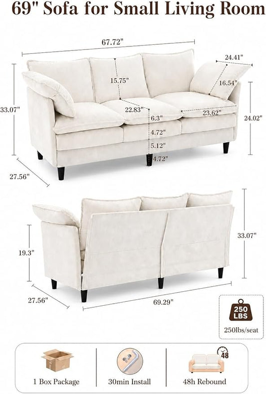 KYJ 69 Inch Small Sofa, 3-Seater Loveseat Couch with Cloud 2 Layer Cushion, 22.8" Deep Seat, Oversized Pillows, Chenille Fabric, Compact for Small Spaces,Apartment, Living Room, Studio, Office, Beige