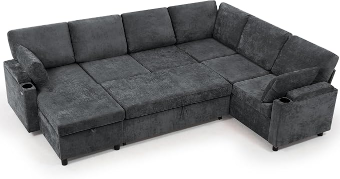 110" Chenille Sectional Sofa w/Pull Out Bed & Storage Chaise, Grey | Reversible U Shape Sofa w/Storage Armrests & Cup Holders, Corner Couch w/USB Charging Port & Throw Pillows for Living Room